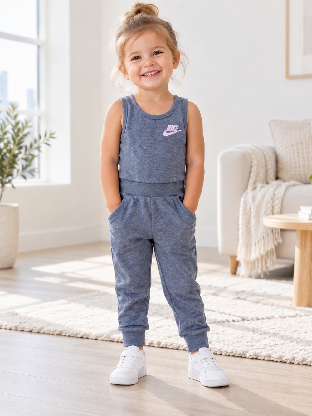 Nike Girls' Heather Blue Tank Romper with Pink Swoosh